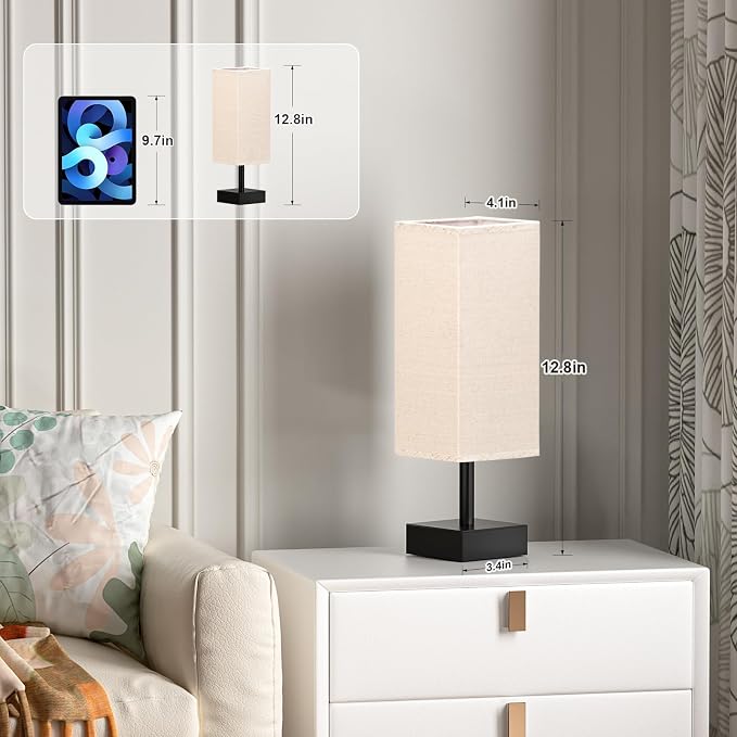 aooshine Small Bedside Table Lamp for Bedroom - Square Beige Fabric Shade | Inline Rocker Switch, Corded Electric, Bulb Not Included, 12.8" Mini Table Lamp for Nightstand, Desk, Dorm, Office - Image 2