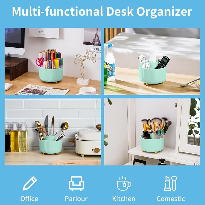Marbrasse Desk Organizer, 360-Degree Rotating Pen Holder, Desk Organizers and Accessories with 5 Compartments Pencil Holder, Art Supply Storage Box Caddy for Office, Home (Mint Green) - Image 2