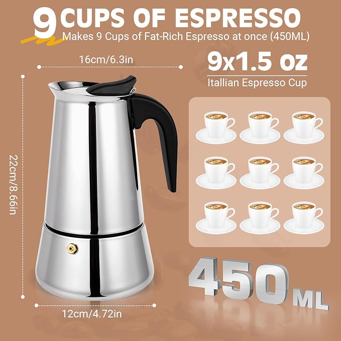 9 Cup Stainless Steel Moka Pot, 450ml Stovetop Espresso Maker, Silver - Image 6