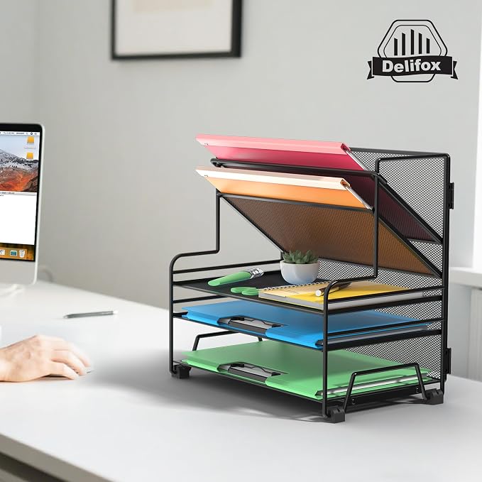 Desk File Organizer, 3-Tier Letter Tray Paper Organizer and 2-Pocket Metal Hanging Basket for Office School Classroom Organization - Image 6
