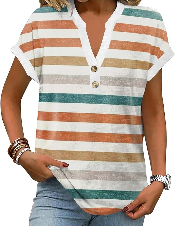 Womens Henley Summer Tops V Neck Button Dressy Casual T Shirts Blouses | Breathable, V-Neck Button, Striped, Loose Fit, Business Casual, Office, Vacation, Spring Summer Tops, Basic Shirts by ETCYYNEW