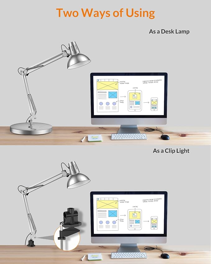 LEPOWER Metal Adjustable Desk Lamp with Clamp, Swing Arm for Home Office | Gooseneck, Architect Style, Eye-Caring Table Lamp, On/Off Switch, E26 Base, Reading for Dorm, Bedroom, Study, Back to School - Image 4