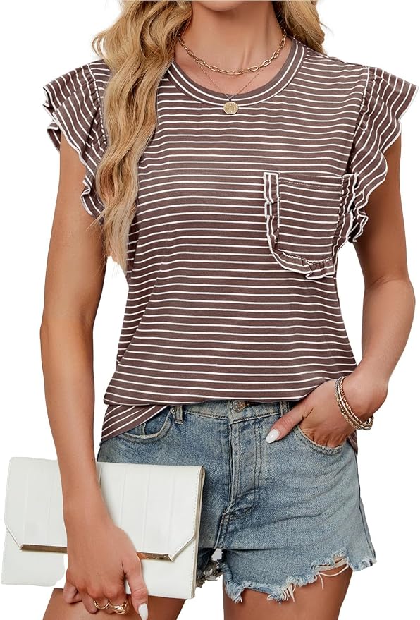 JUSTFASHIONNOW Womens Summer Tops Striped T-Shirts 2026 Ruffle Short Sleeve Crew Neck Casual Blouses with Pocket - Image 4