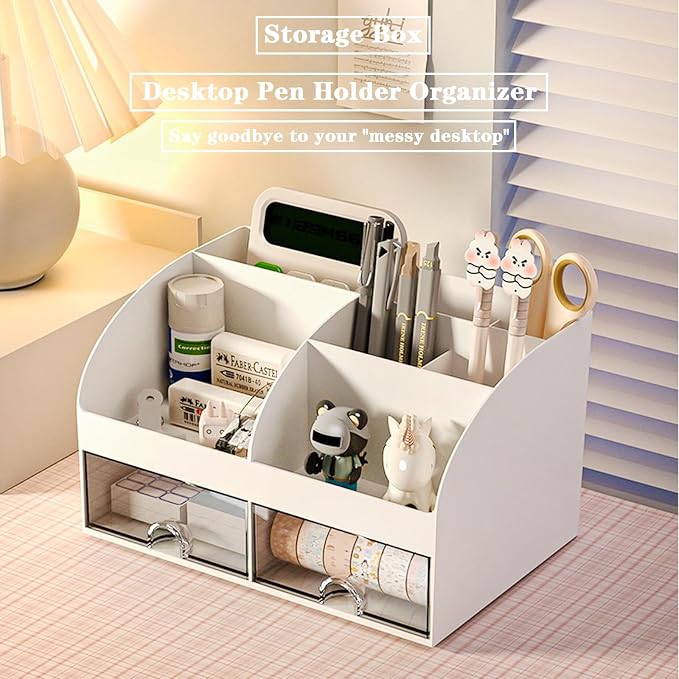 COMFYROOM Desk Organizer with 6 Compartments and 2 Drawers, Plastic Makeup Organizer, Pen Holder for Desktop Storage, Desk Organization for School, Home, Office Supplies (White-2Pack) - Image 5