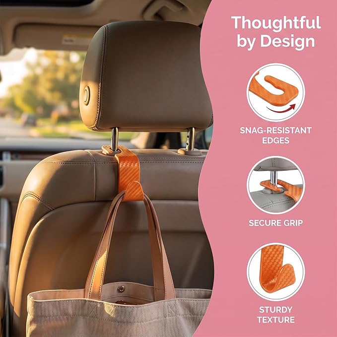 4PCS Car Seat Headrest Hooks, Auto Back Seat Hanger Holder, Durable Stylish Vehicle Organizer Universal Car Interior Accessories, Storage Hooks for Purses, Bags, Clothes (Carbon Fiber/Orange) - Image 3