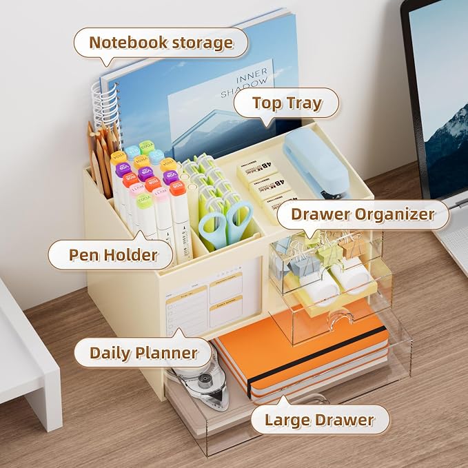 Marbrasse Desk Organizer with 3 Drawer, Multi-Functional Pencil Pen Holder for Desk, Desktop Organizer Storage for Office Home Art Supplies (Beige) - Image 2