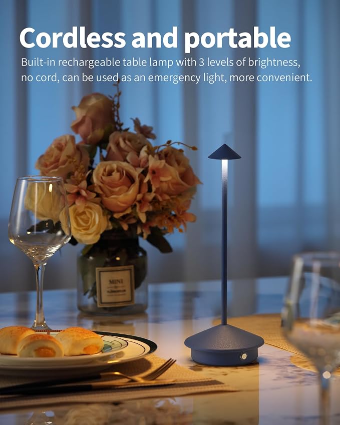 Modern Cordless Table Lamp Set of 2, Blue Portable LED Desk Lamps | 4000mAh, Rechargeable, Battery Operated Lighting for Bedroom, Dining Room, Restaurant, Coffee Shop, Camping, Night Light - Image 2