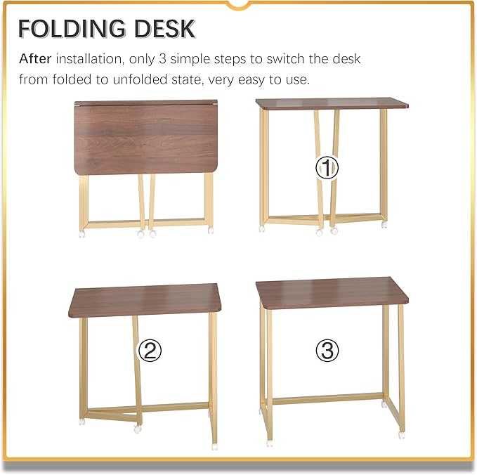 4NM 23.6" Mobile Small Folding Desk, Foldable Rolling Computer Home Office Desk, Study Writing Table for Small Space Saving Bedroom, with Wheels - Brown and Gold - Image 6