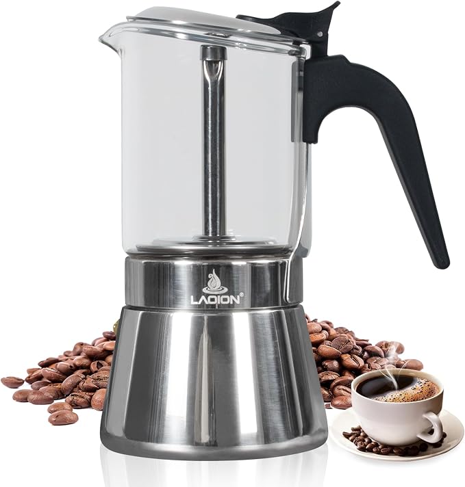 LAOION Stovetop Espresso Maker, 9Cup 360ml Moka Pot, Cuban Coffee Make | Crystal Glass-top & Stainless Steel Coffee Maker Mocha Pot, Greca De Cafe, Cuban and Italian Coffee Maker for Cafetera Cubana by LAOION