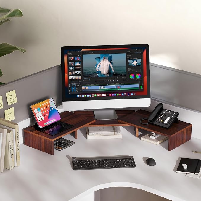 FITUEYES Dual Monitor Stand Riser, Adjustable Length and Angle, Brown | Wooden 3-Shelf Design, Supports up to 55lbs, Flexible for Standard Corner Space, Holds Monitor, Laptop, Phone, Printer - Image 6