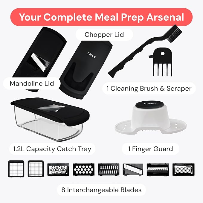 Fullstar Pro Original Vegetable Chopper & Mandoline Slicer Kitchen Gadget | 8 in 1 Veggie Slicer, Onion & Fruit Cutter with Sharp Stainless Steel Blades & Container, All-in-One Meal Prep Tool (Black) - Image 8
