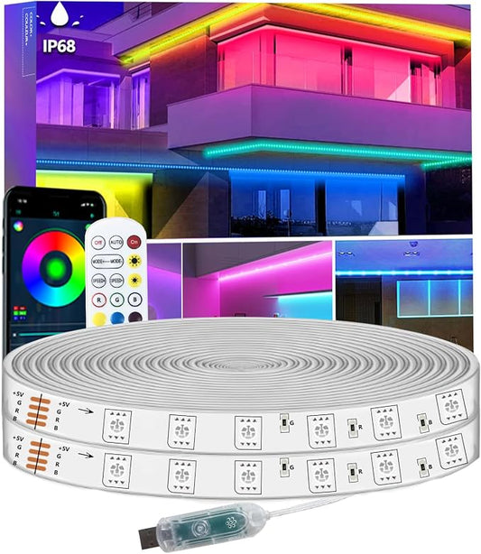 32.8FT LED Strip Lights IP68 Outdoor Waterproof, 5V USB Powered, Music Sync Bluetooth APP/RF Remote Control Lights for Balcony,Deck,Camping,Garden,Bedroom Decor by httpsmp
