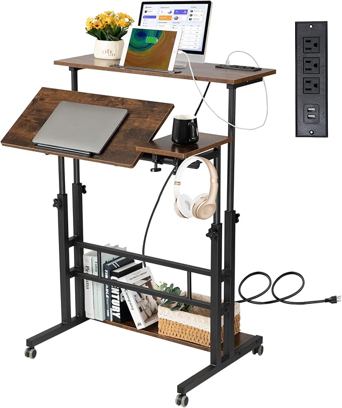 Hadulcet Mobile Standing Desk Adjustable Height, Rolling Desk Stand Up Desk, Mobile Laptop Desk, Rolling Computer Desk with Charging Station, Portable Desk with Wheels, Rustic Brown by Hadulcet