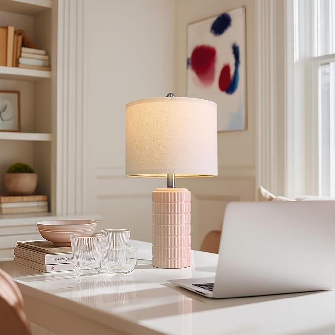 PoKat 20.75" Pink Ceramic Table Lamps Set of 2, Small Modern Bedroom Lamps for Girls Room, Bedside Lamps for Night Stands, Cute Lamps for Living Room Decor, Nightstands Desk Lamp, Light Pink - Image 4