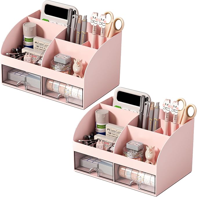 COMFYROOM Desk Organizer with 6 Compartments and 2 Drawers, Plastic Makeup Organizer, Pen Holder for Desktop Storage, Desk Organization for School, Home, Office Supplies Pink-2Pack by COMFYROOM