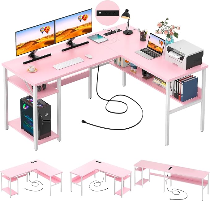 Unikito Reversible L Shaped Desk with Magic Power Outlets and USB Charging Ports, Sturdy Corner Computer Desk with Storage Shelves, Gaming Table Home Office Desk, Easy to Assemble, Pink by Unikito