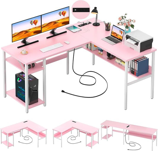 Unikito Reversible L Shaped Desk with Magic Power Outlets and USB Charging Ports, Sturdy Corner Computer Desk with Storage Shelves, Gaming Table Home Office Desk, Easy to Assemble, Pink by Unikito