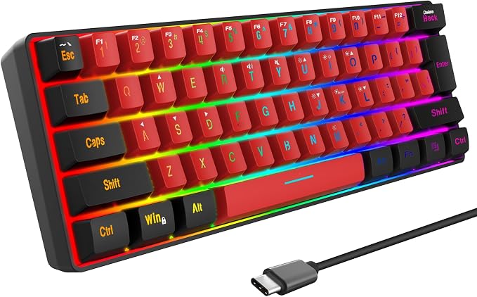 Snpurdiri 60% Wired Gaming Keyboard,True RGB Small Compact 61 Keys Mini Keyboard for PC/Mac Gamer, Typist, Travel, Easy to Carry on Business Trip(Black-Red) | Mini Gaming Keyboard for PC/Mac Gamer, Typist, Travel, Easy to Carry on Business Trip by Snpurdiri