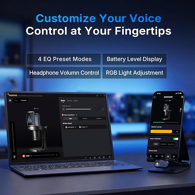 MAONO DGM20W Wireless Gaming Microphone for PC & Smartphones | USB-C Receiver, Clear Voice, Noise Reduction, Software Control, Custom RGB, Mute, Boom Mic Set for Discord Streaming & Gaming - Image 6
