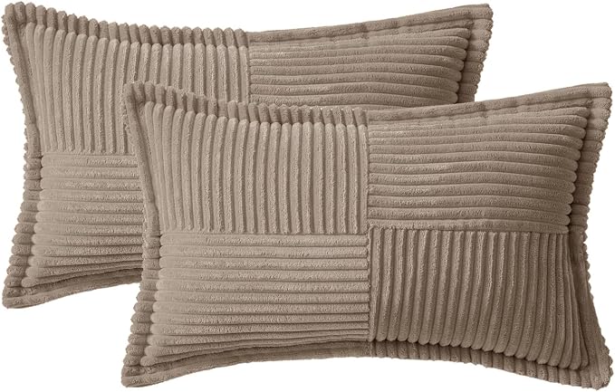 MIULEE Decorative Lumbar Throw Pillow Covers for Couch Bed Livingroom 12x20 Inch Set of 2 Light Brown Boho Accent Throw Pllows Broadside Striped Patchwork Soft Corduroy Pillowcases - Image 6