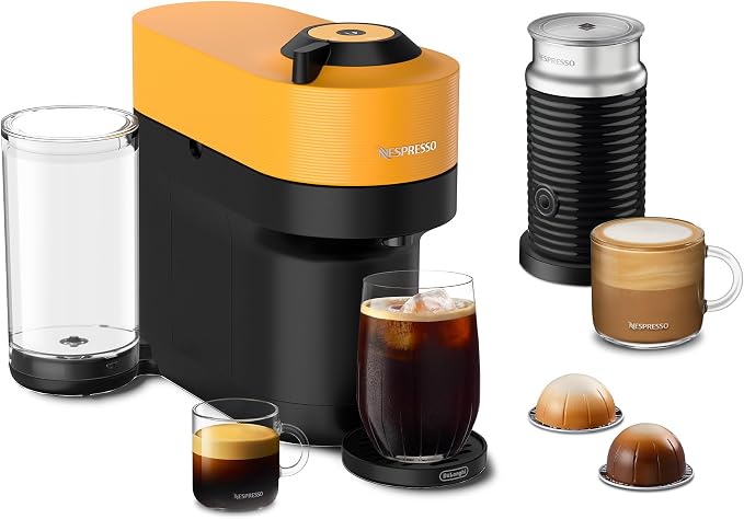 Nespresso Vertuo Pop+ Coffee Machine with Milk Frother, Mango Yellow | Yellow coffee and espresso maker by De'Longhi with compact design. Aeroccino3 frother bundle for hot or cold foam drinks. by Unknown