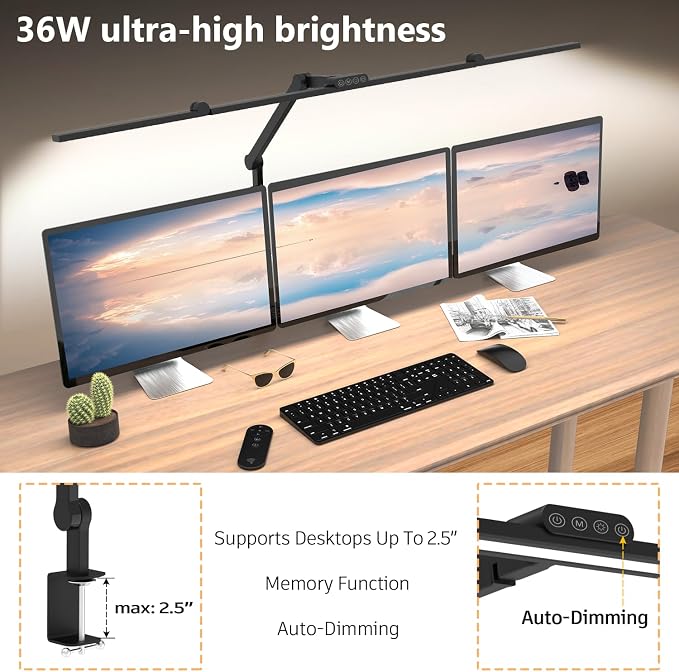 3000 Lumen Ultra Bright Architect Desk Lamp with Clamp, 36W Tall Overhead Led Desk Light for Home Office, 47Inch Long Dimmable Computer Monitor Light Bar with Remote for Table Desktop Drafting - Image 2