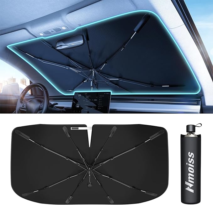 [Upgraded] Nmoiss Windshield Sun Shade Umbrella For Truck- [Vinyl Coating Heat Shield] Protect Car from Sun Rays & Heat Damage Keep Cool and Protect Interior, Spring Structure Edge Large 61" L x 35" W by Nmoiss