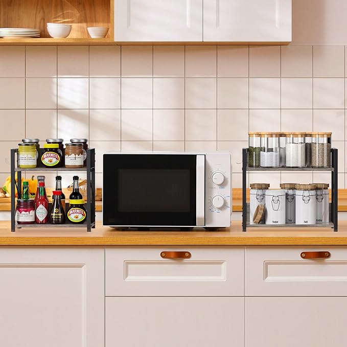 Kitchen Countertop Organizer, Coffee Bar Station Organizer for Countertop, 2 Tiers Kitchen Counter Shelf, Wooden Spice Rack Organizer, Space Saving Desk Shelving Riser Unit - Image 3