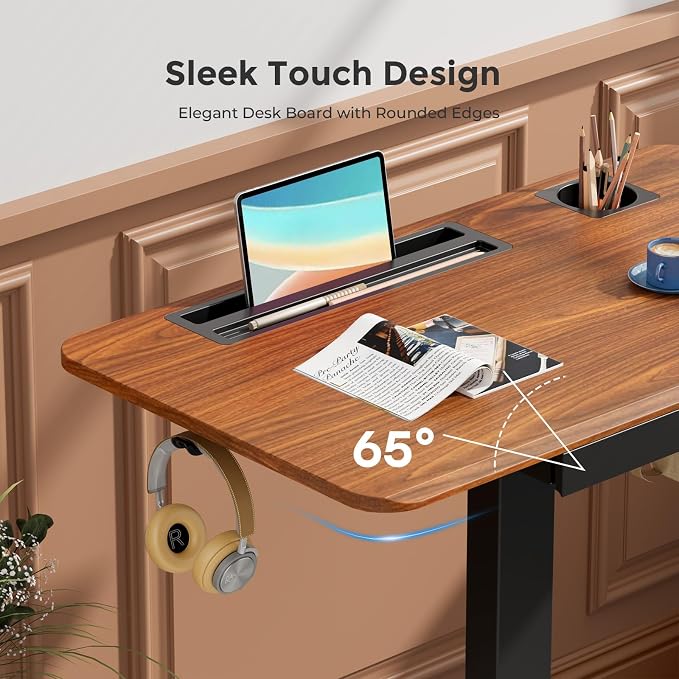 28" Mobile Standing Desk with Drawer, Portable Laptop Desk | Rolling Desk with Cup Holder and Hooks, Height Adjustable Computer Cart with Storage, Lockable & Hidden Wheels, Dark Wood - Image 9