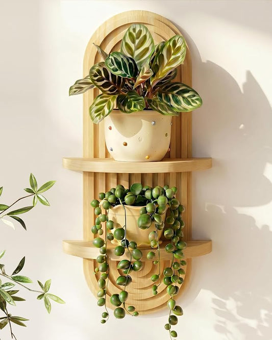 Bamworld Boho Wall Decor Plant Wall Shelf Mid Century Modern Decor Hanging 22in Plant Shelf 2-Tier Wooden Floating Shelves Natural by Bamworld