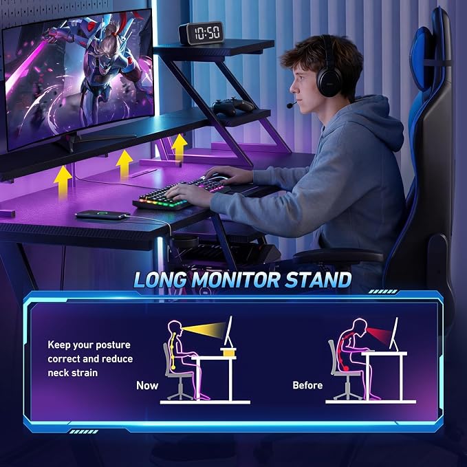 Korfile 47 Inch Gaming Desk with LED Lights & Power Outlet, L Shaped Computer Desk with Storage Shelves, Gamer Workstations with Monitor Stand for Bedroom, Carbon Fiber Black | L Shaped Computer Desk, Gamer Workstations, Storage Shelves, Monitor Stand,... - Image 3
