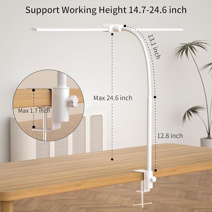 KableRika Desk lamp,Double Head LED Desk Lamp with Clamp,Architect Desk Lights for Home Office,Eye-Caring Desktop Office Lamp 4-Brightness 4-Color Table Lamp for Monitor Workbench Reading White - Image 5