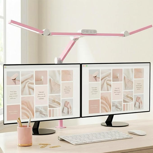 Micomlan Architect Desk Lamp for Home Office, Pink Desk Lamp with Clamp for Working, 24W Bright Rotatable Led Table Light Stepless Dimming Tempering Wide Computer Light for Crafting Puzzle Hobby by Micomlan