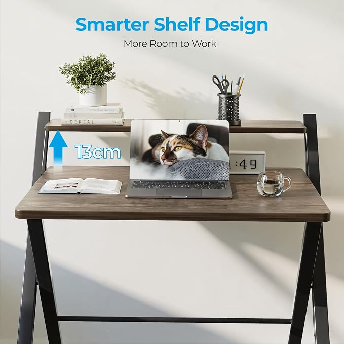 GreenForest Folding Desk No Assembly, Sturdy Computer Desk for Small Spaces | Portable Foldable Table for Laptop, 2-Tier Compact with Shelf, Space Saving for Home Office, Dorm, Apartment, 27"x 22" Brown - Image 5