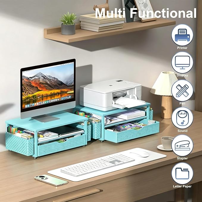 Spacrea Desk Organizer and Accessories, Computer Monitor Stand Riser with Drawer and 2 Pen Holders, Office Desk Accessories & Workspace Organizers for Office Supplies (Blue) - Image 6
