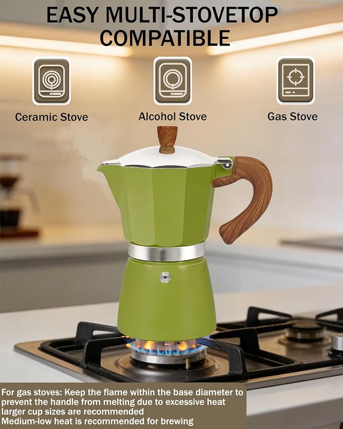 Coffee Maker Stovetop Espresso Maker 3 Cup Aluminum Moka Pot Percolator 5oz 150ml Easy Brewing for Electric Ceramic Stoves Home Camping Italian Cuban Café Classic Sip Sized Green - Image 5