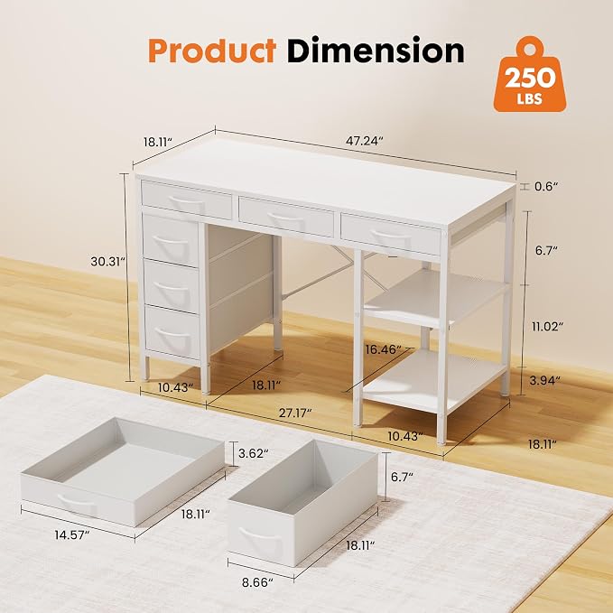 Sweetcrispy 47" Computer Desk with 6 Fabric Drawers & Storage Shelves | Reversible Gaming Desk, Office Desk, Computer Workstation, Corner Desk with Storag, Home Office, Living Room, White - Image 3