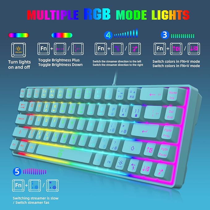 Snpurdiri 65% Membrane Gaming Keyboard, RGB (68 Keys,Blue) | Compact Wired Small Gaming Keyboard for PC/Mac Gamer, Typist, Travel, Easy to Carry on Business Trip - Image 5