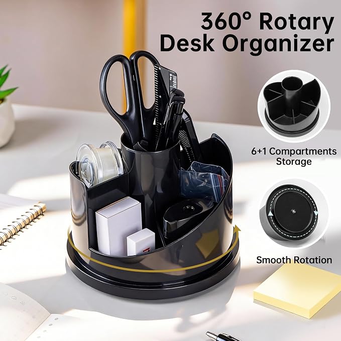 deli Office Supplies Set, Desk Accessory Organizer Kit, Black | Stationary Set, Desk Supplies with Rotating Multi-Functional Pen Holder &Stapler Set for Office, School, Home - Image 2