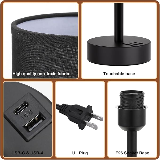 Dicoool Bedside Table Lamp for Bedroom - 3-Way Dimmable Touch Lamp, USB A+C | LED Bulb Included, 14" Small Nightstand Lamp for Desk, Living Room, Guest Room, Black Fabric Lampshade, Black Metal Base - Image 6