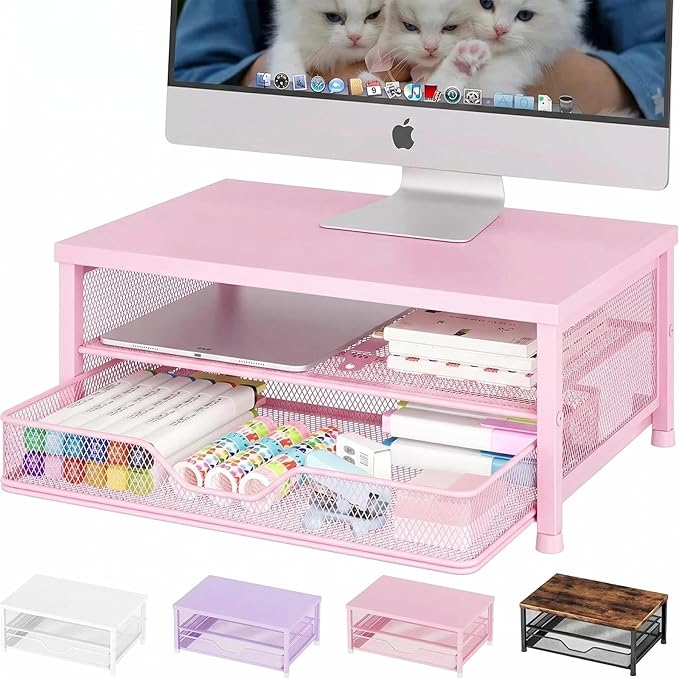OPNICE Computer Monitor Stand Riser, Desk Organizer with Drawer, Printer & Laptop Stand, Office Desk Accessories & Workspace Desktop Organizers Storage for Office Supplies(Pink) by OPNICE