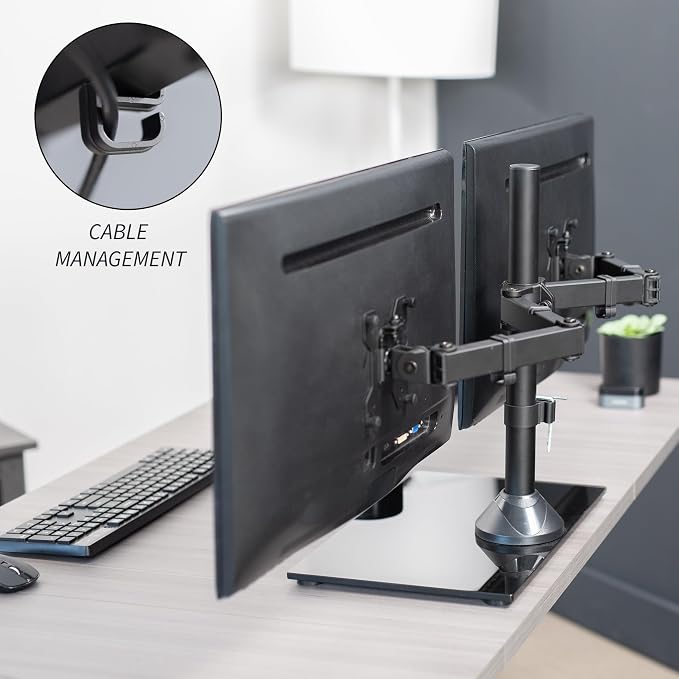 VIVO Freestanding Dual Monitor Stand with Sleek Glass Base and Adjustable Arms, Mounts 2 Screens up to 32 inch and 22 lbs Each, Black, STAND-V002FG | Articulating, Freestanding Adjustable Monitor Arm, Black with Glass Base, Computer Stand for 2 Monitor... - Image 8