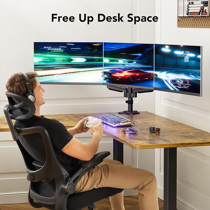 HUANUO Triple Monitor Mount for 13-27 inch Computer Screens, Gaming 3 Monitor Desk Mount with Arm Holds 19.8lbs, Triple Monitors Stand with Tilt, Swivel, Rotation, VESA 75x75, 100x100mm - Image 3