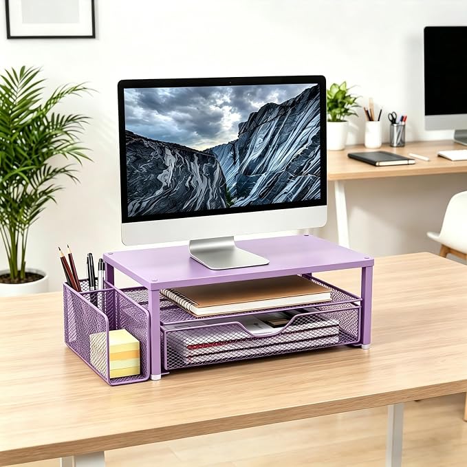 Spacrea Desk Organizer and Accessories, Computer Monitor Stand Riser with Drawer and 1 Open Pen Holder, Printer & Laptop Stand, Office Desk Accessories for Home Office Supplies (Purple) - Image 7