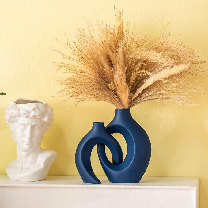 Lvases Snuggle Hollow Ceramic Flower Vase, Minimalist Decorative Vases of 2 | 8.4" Nordic Boho Home Decor Vase for Modern Aesthetic Ins Style Living Room Coffee Table Centerpieces Pampas Grass Decoration - Image 9