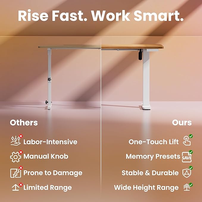 HUANUO Electric Standing Desk, 63" x 28" Height Adjustable Desk, 4 Memory Height Settings, Sit to Stand Up Desk for Home Office, with Headphone Hook, Cable Manager, Light Vintage Brown - Image 7