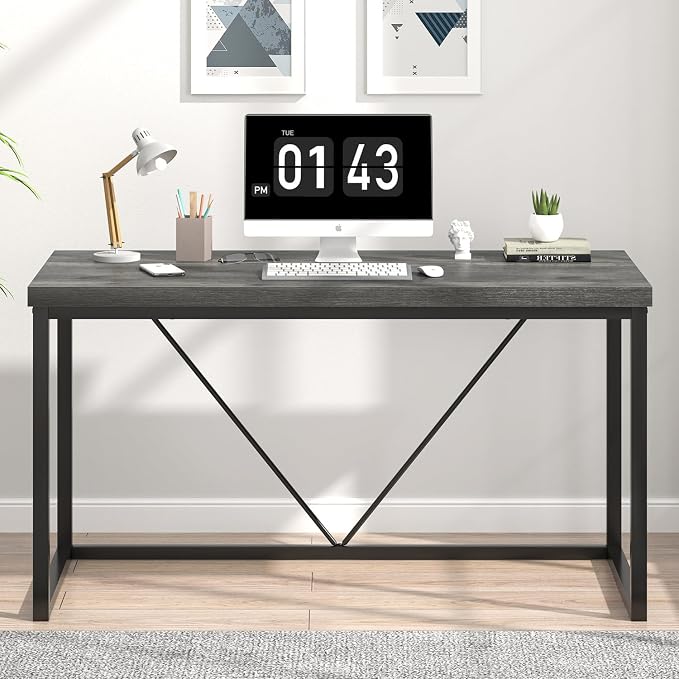 EXCEFUR Modern Computer Desk, Small Home Office Desk, Wood and Metal Writing Study Table Workstation for Bedroom Living Room, Rustic Grey, 47 inch - Image 7
