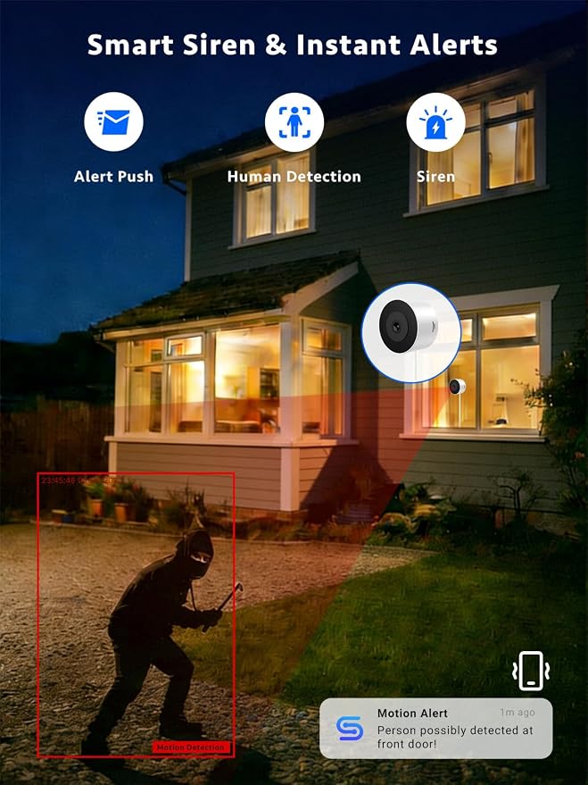 Septekon 2K Window Security Camera with No-Drill 18° Tilt Angle Mount, Dual-Band 2.4GHz & 5GHz WiFi, Indoor Camera for Outdoor Monitoring, Color Night Vision, AI Human Detection, White - Image 4