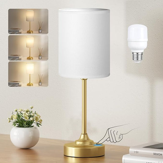 Fenmzee Gold Nightstand Bedroom Lamp - 3 Way Dimmable Bedside Lamp, Small Table Lamp Linen Lampshade for Office Desk, LED Bulb Included by Fenmzeelighting