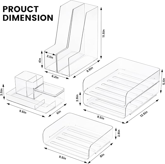 CiWiVOKi Desk Organizer with 2 Vertical File Holder, 4 Tier Stackable Paper Letter Tray File Organizer with 5-Compartments Pen Holder, Clear Desktop Organizer Office Organization and Storage - Image 2